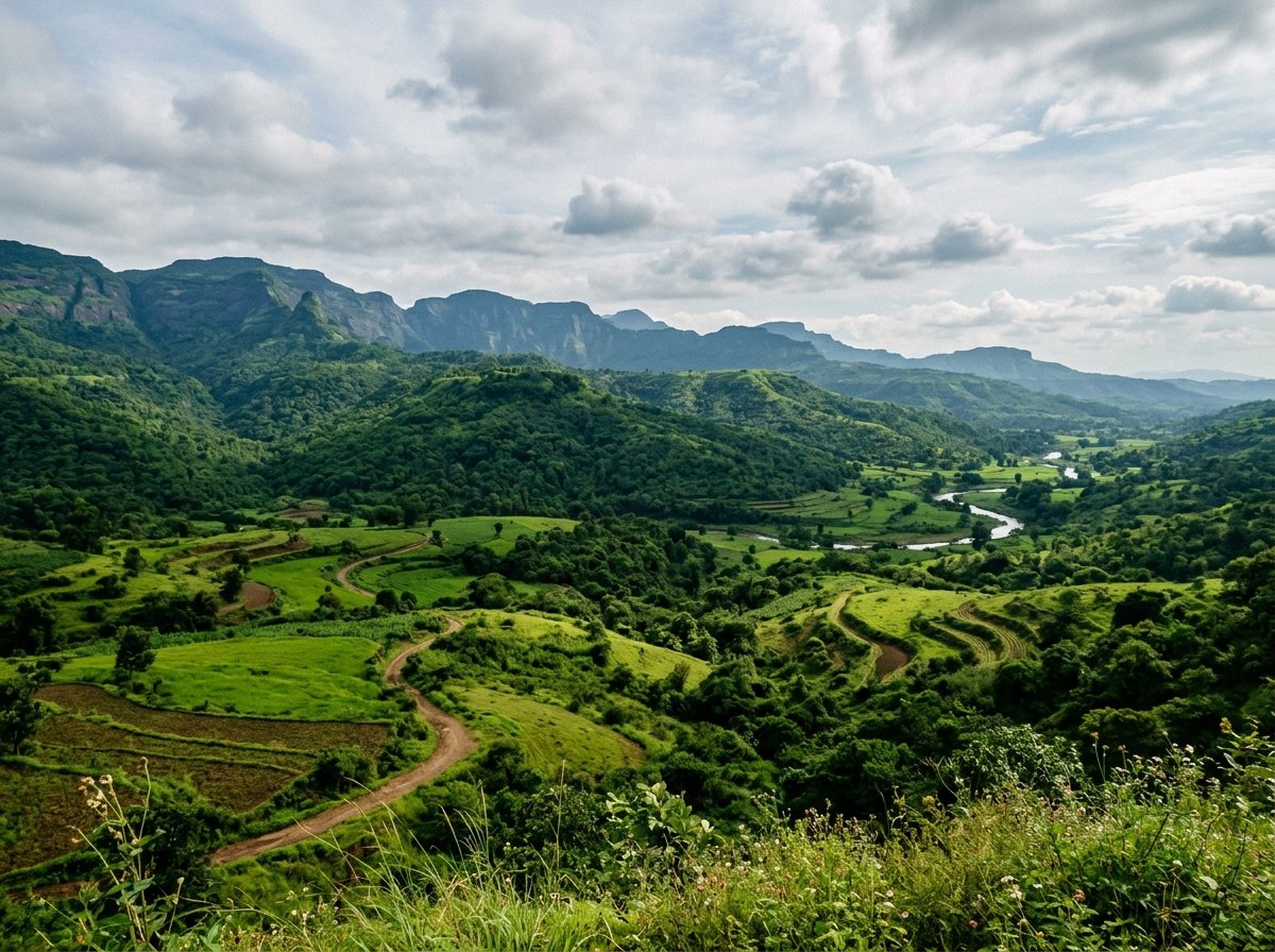 AI-generated illustration of the landscape near Karjat (not a photo of The Dual Haven)