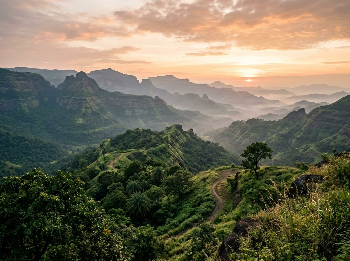 AI-generated illustration of the landscape near Lonavala (not a photo of Skylane Resort)