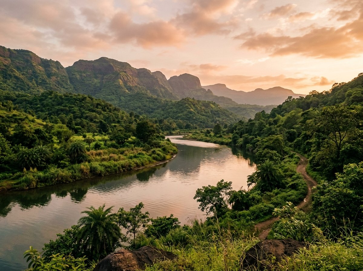 AI-generated illustration of the landscape near Karjat (not a photo of Riverbend Grove)