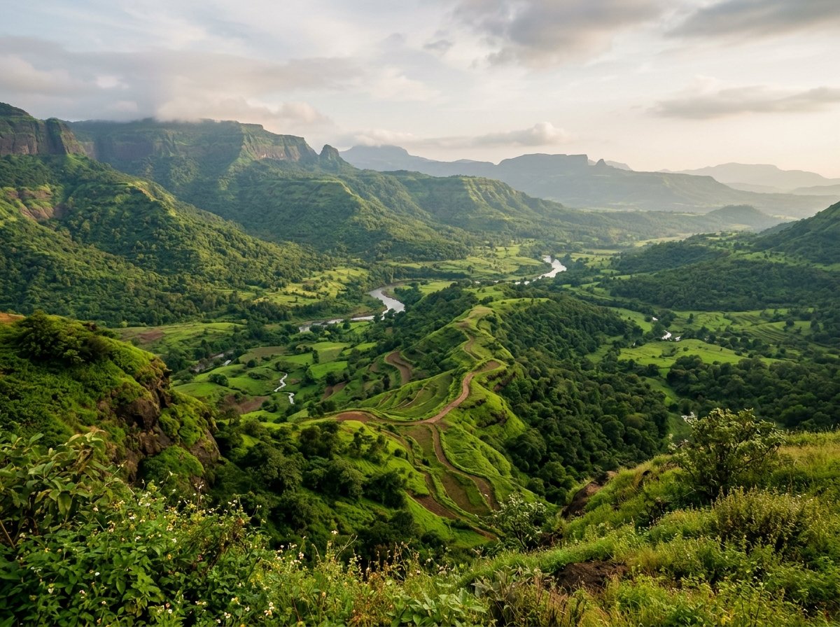 AI-generated illustration of the landscape near Lonavala (not a photo of Elysian Escape)