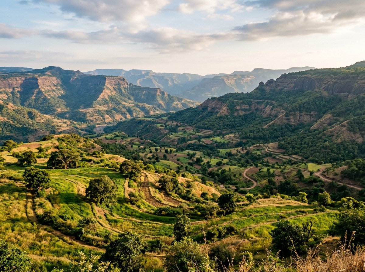 AI-generated illustration of the landscape near Panchgani (not a photo of Western Ghats Mountain Escape in Bhilar)