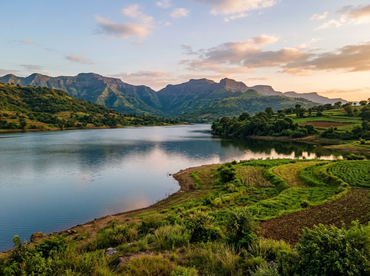 AI-generated illustration of the landscape near Mukane (not a photo of Luxury Lake View Farmstay near Igatpuri)
