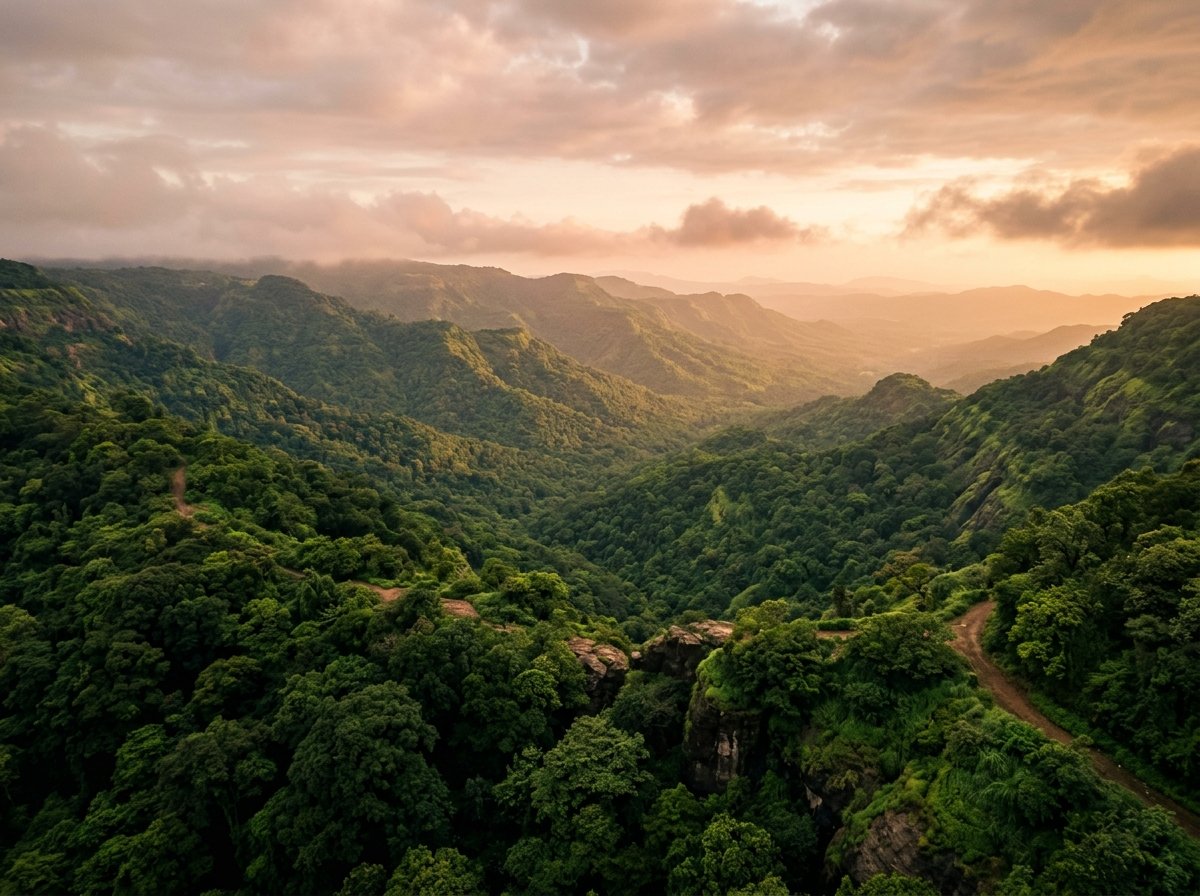 AI-generated illustration of the landscape near Matheran (not a photo of The Crimson Nest)