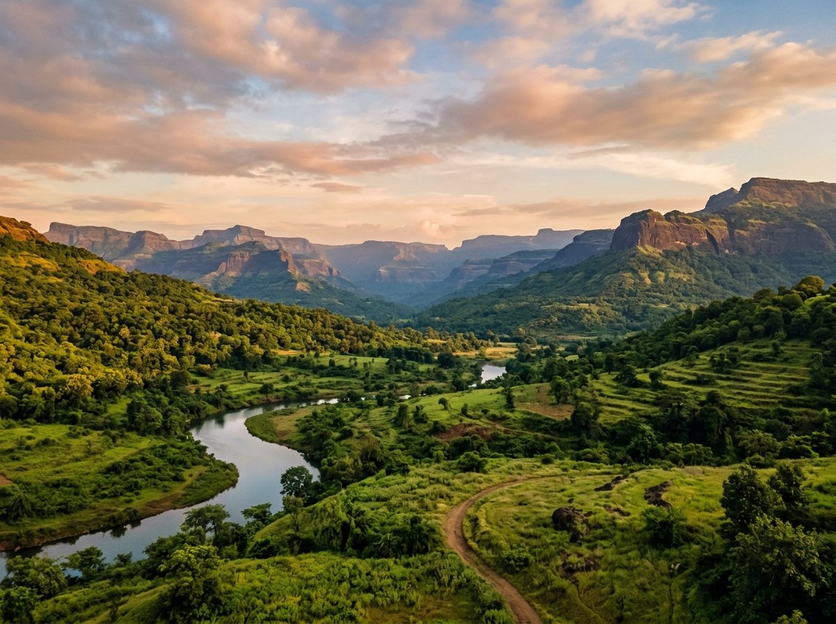 AI-generated illustration of the landscape near Igatpuri (not a photo of Evergreen Escape Villa)