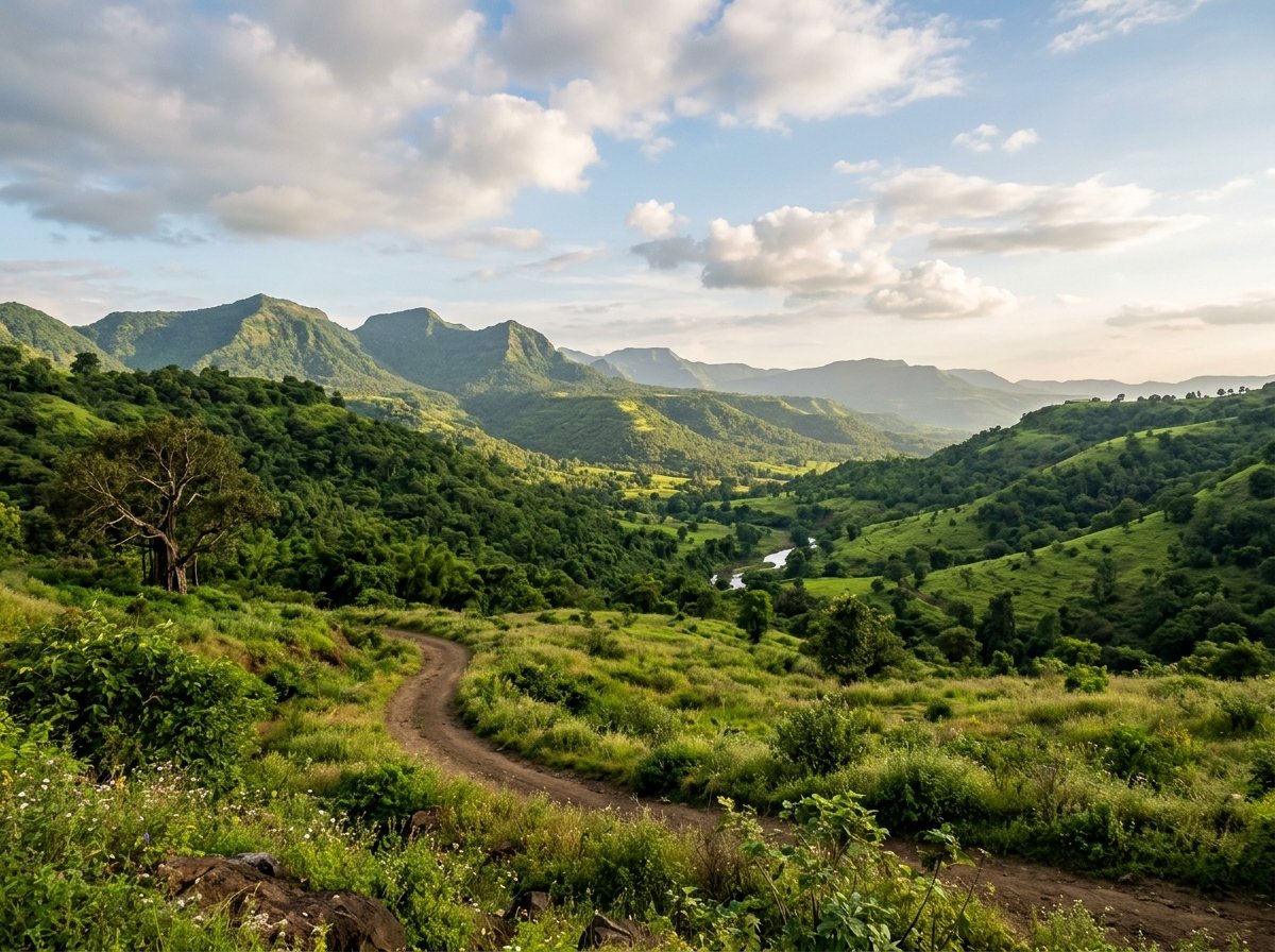 AI-generated illustration of the landscape near Nashik (not a photo of Tropical Cottage Vibe Experience)