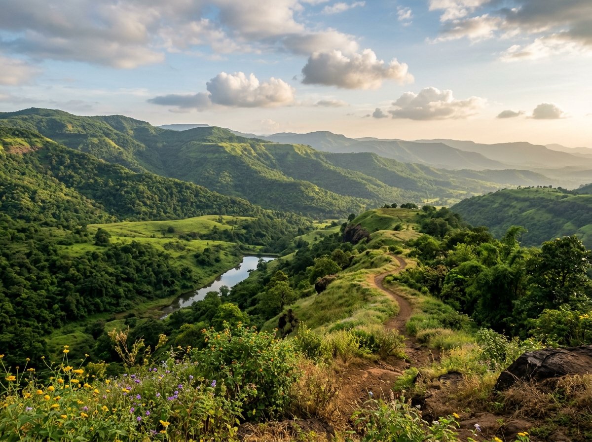 AI-generated illustration of the landscape near Khopoli (not a photo of Premium Hillside Escape with Pool in Khopoli)