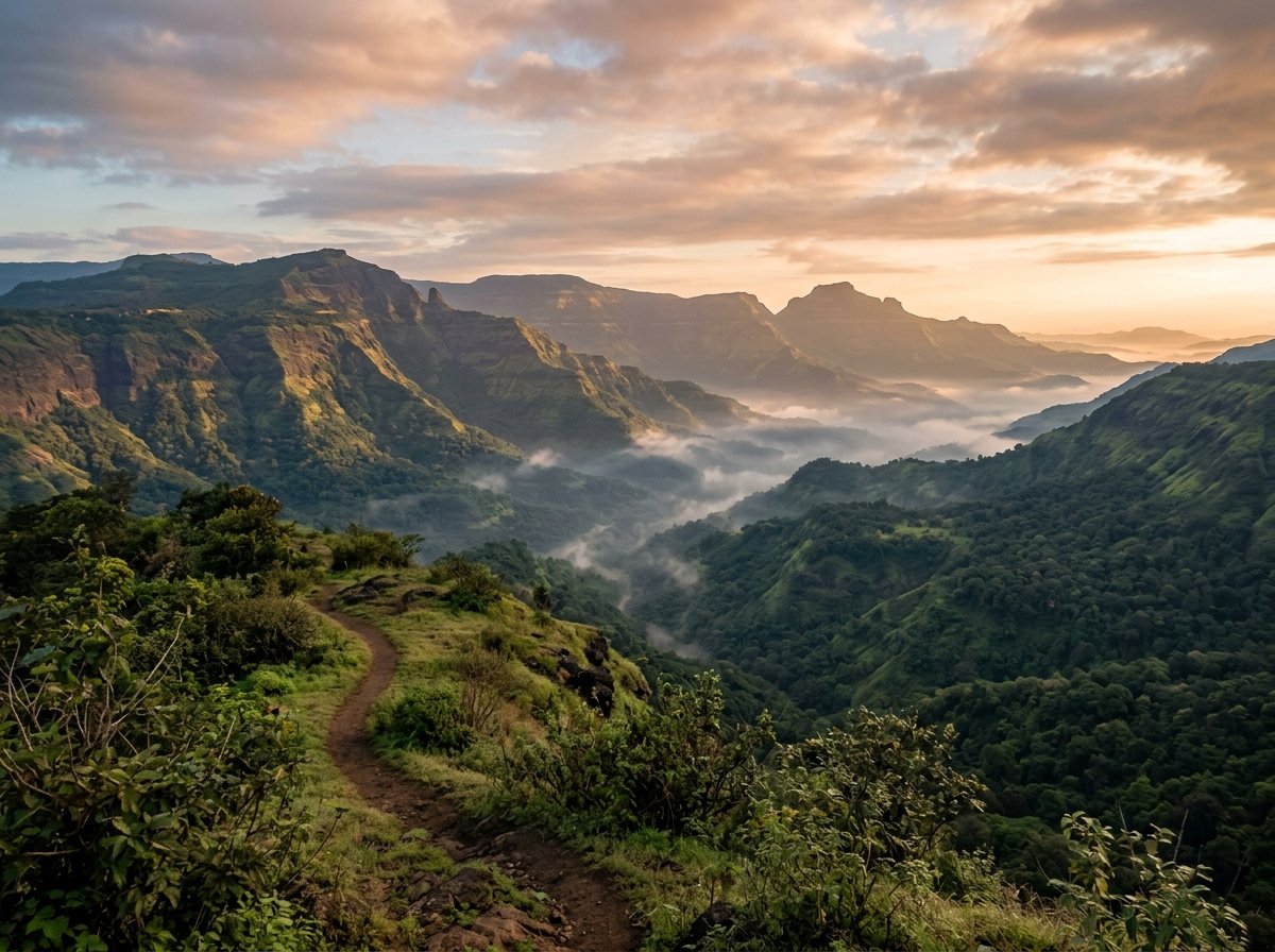 AI-generated illustration of the landscape near Lonavala (not a photo of Hillcrest Cottages)