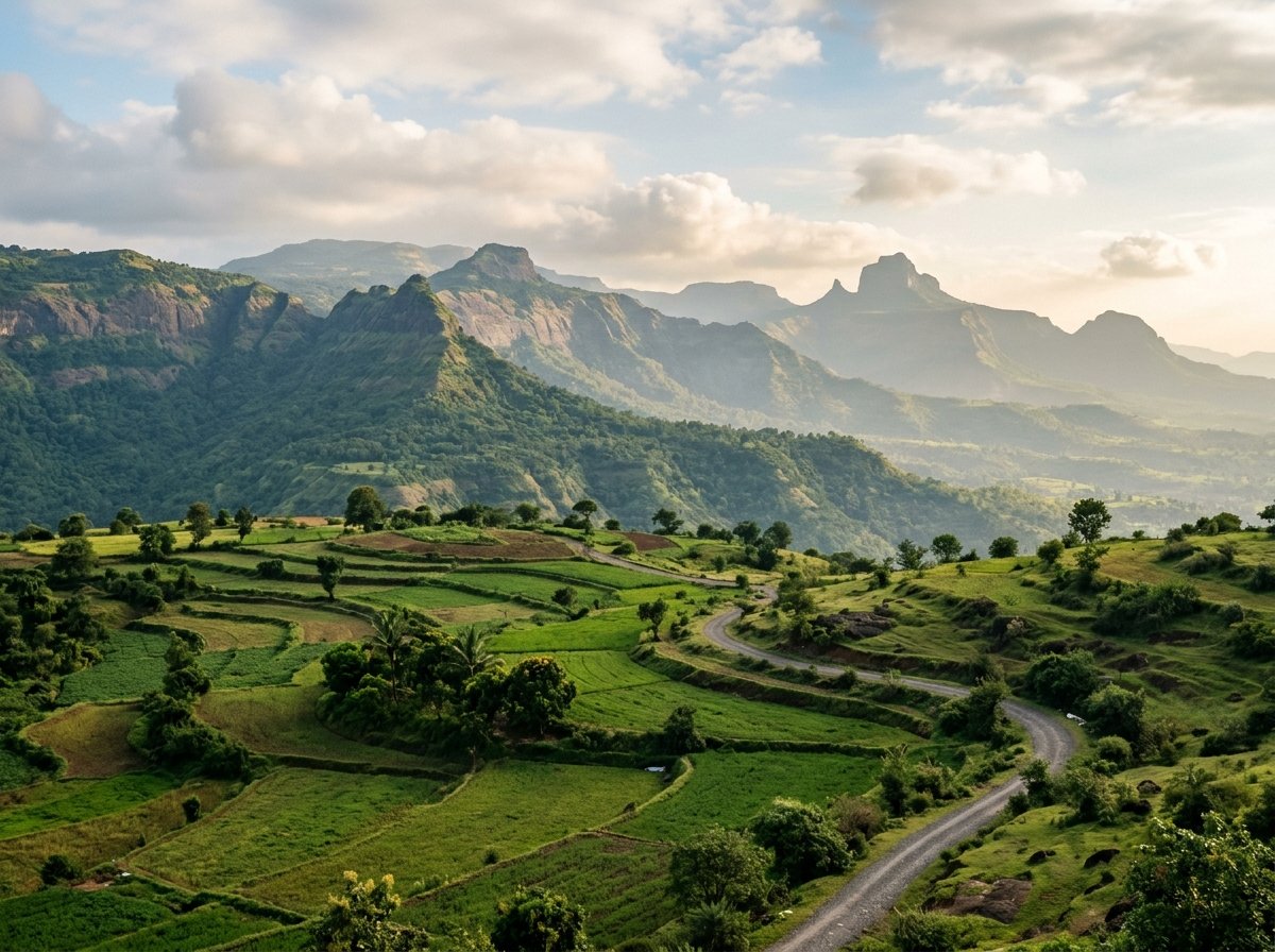 AI-generated illustration of the landscape near Kharawade (not a photo of The Hayfield House)