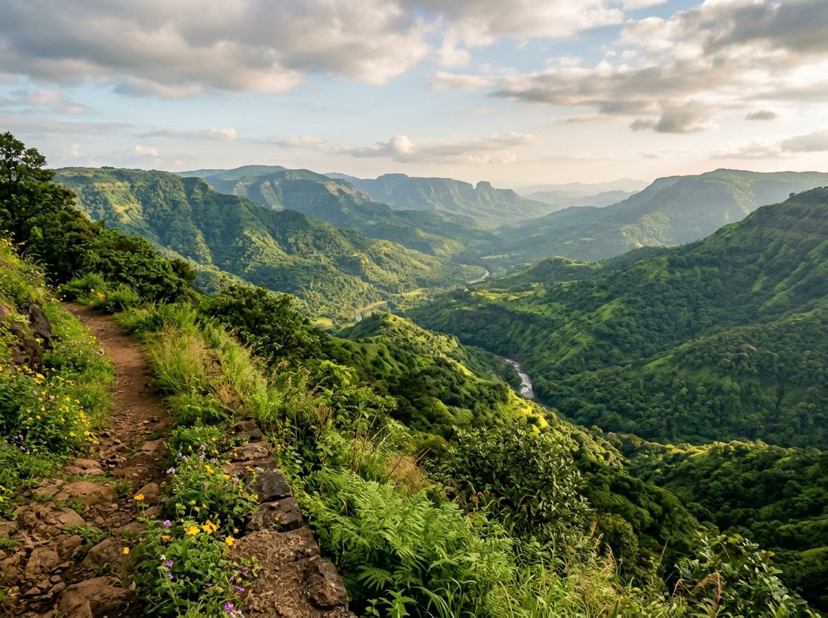 AI-generated illustration of the landscape near Mahabaleshwar (not a photo of Mountain View Escape near Mapro Garden)