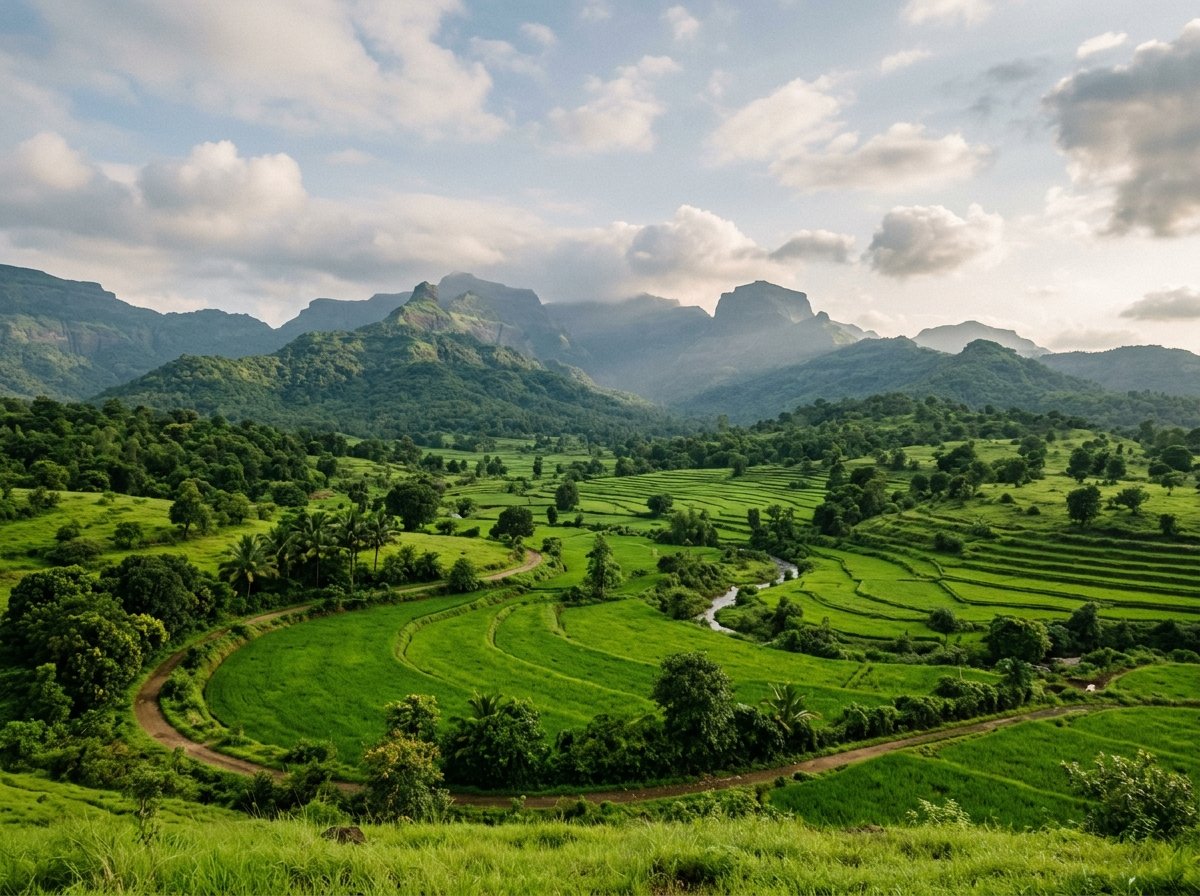 AI-generated illustration of the landscape near Karjat (not a photo of Vatika Farms)