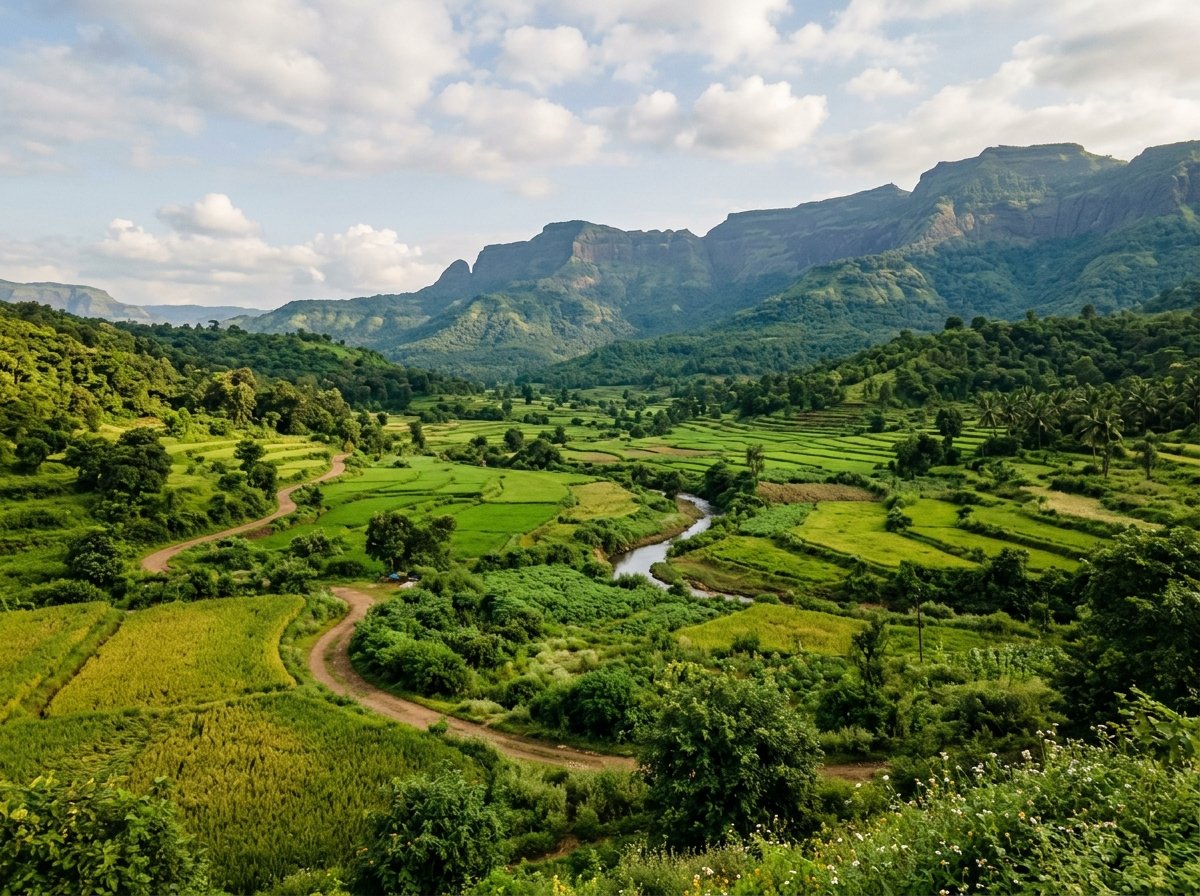 AI-generated illustration of the landscape near Karjat (not a photo of Joy Villa)