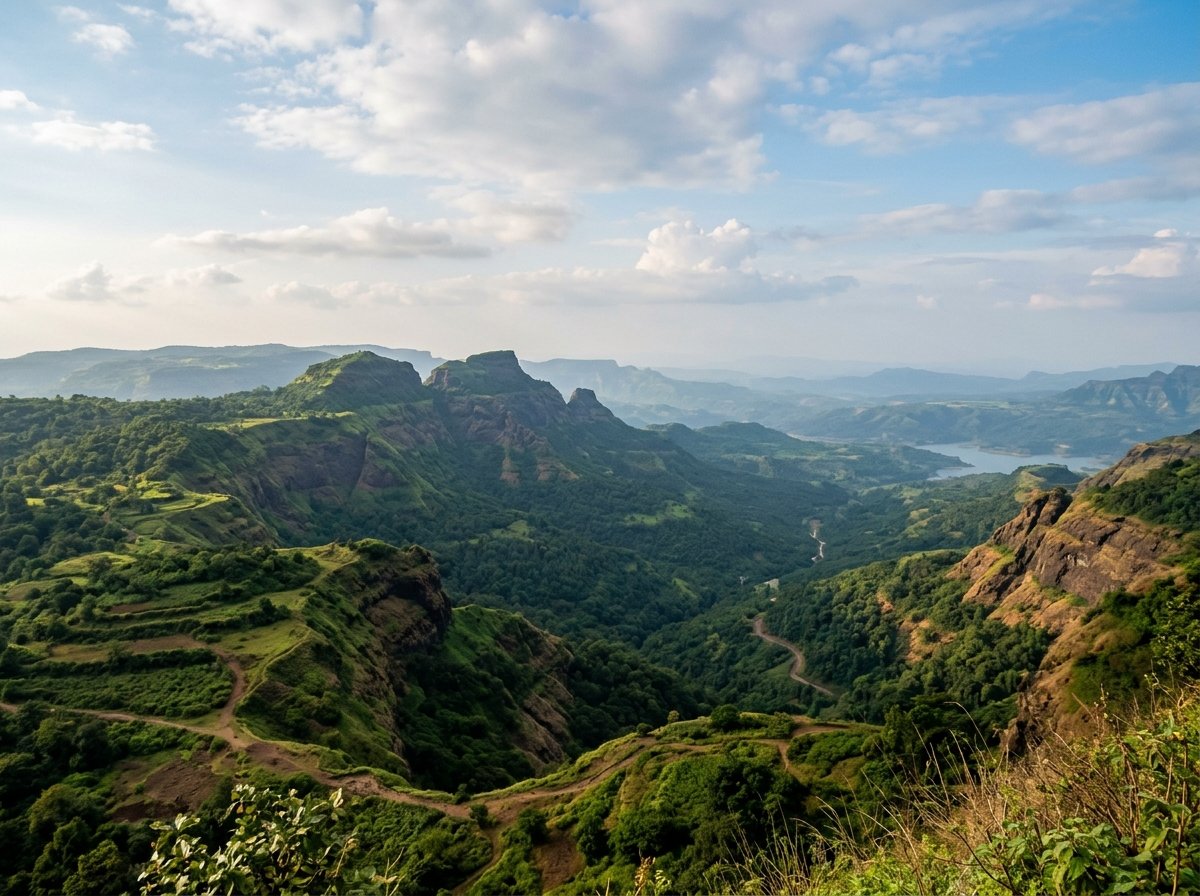 AI-generated illustration of the landscape near Dhalewadi (not a photo of Panaroma Forest Estate)