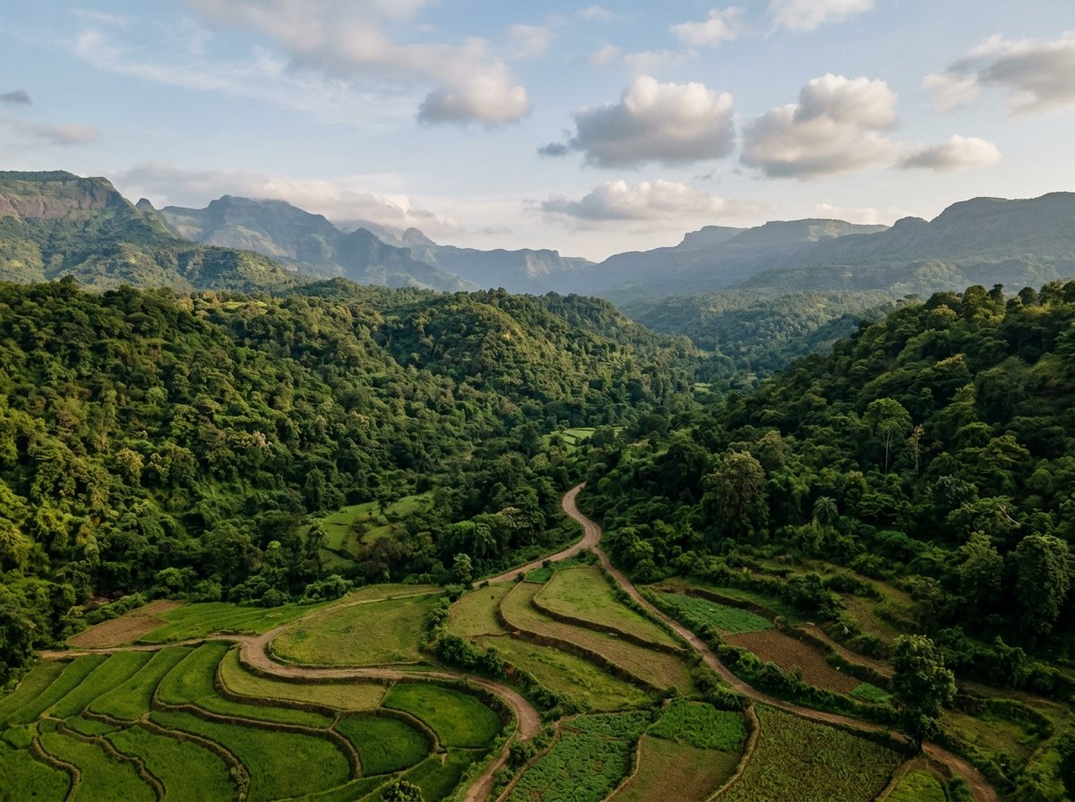 AI-generated illustration of the landscape near Panheli (not a photo of Vayu Valley)